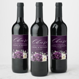 Étiquette Pour Bouteilles De Vin Poupée d'aubergine Plum ivoire blanc Floral Mariag
