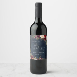 Étiquette Pour Bouteilles De Vin Poussière d'Or Burgundy Navy Floral Bienvenue Mari