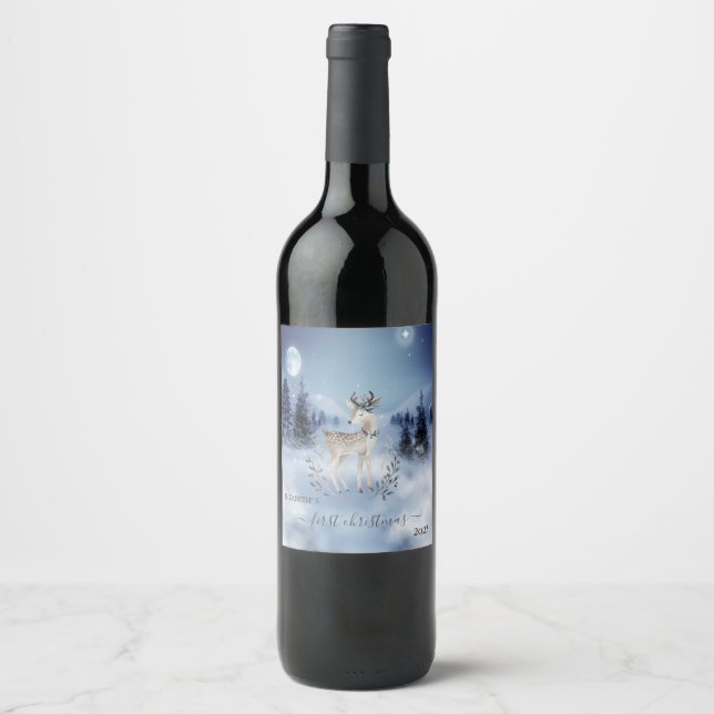 Étiquette Pour Bouteilles De Vin Premier Noël, Cerf de Bébé, Paysage hivernal (Devant)