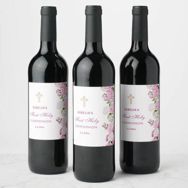 Étiquette Pour Bouteilles De Vin Première communion à l'hydrangea rose (Bouteilles)