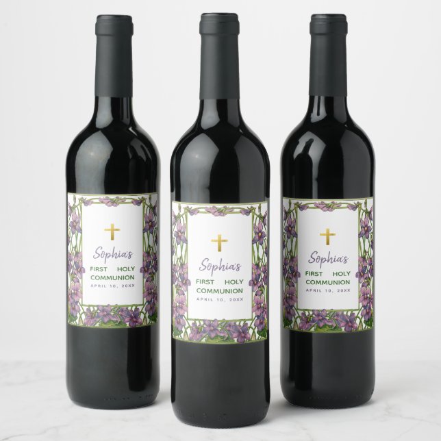 Étiquette Pour Bouteilles De Vin Première communion de fille Violettes violettes vi (Bouteilles)
