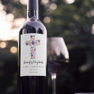Étiquette Pour Bouteilles De Vin Première communion de la croix de fleurs d'aquarel