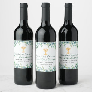 Étiquette Pour Bouteilles De Vin Première communion Feuille verte mignonne et éléga