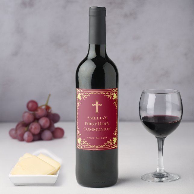 Étiquette Pour Bouteilles De Vin Première communion fille Bourgogne doré faux vinta (Créateur téléchargé)