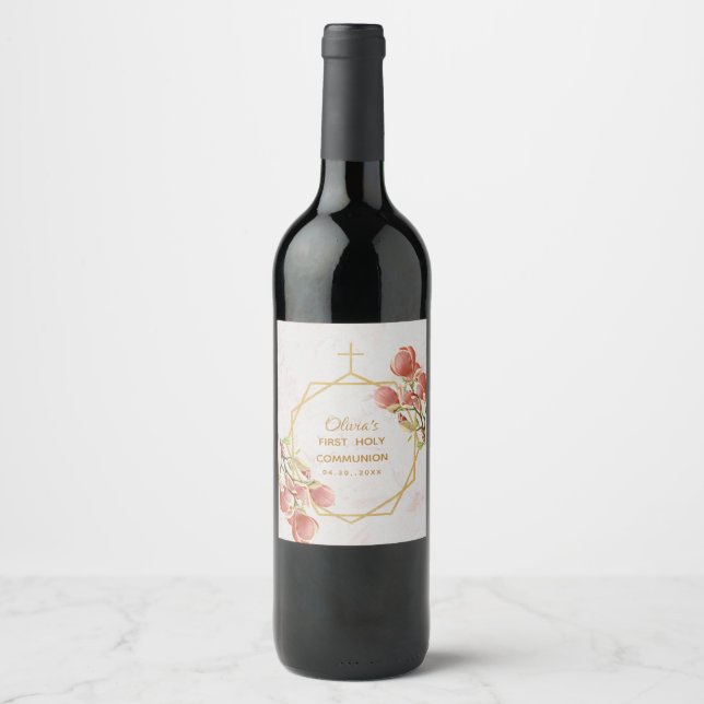Étiquette Pour Bouteilles De Vin Première communion Fille Magnolia rose Marbre Or (Devant)