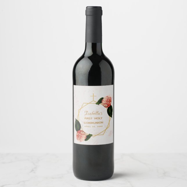 Étiquette Pour Bouteilles De Vin Première Communion Florale Camellia Marbre d'or (Devant)