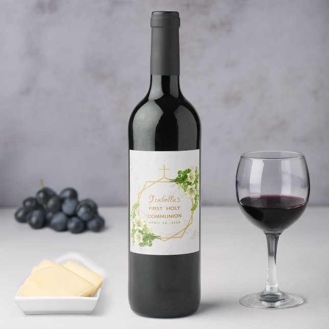 Étiquette Pour Bouteilles De Vin Première Communion Florale Lys Marbre d'or (Créateur téléchargé)