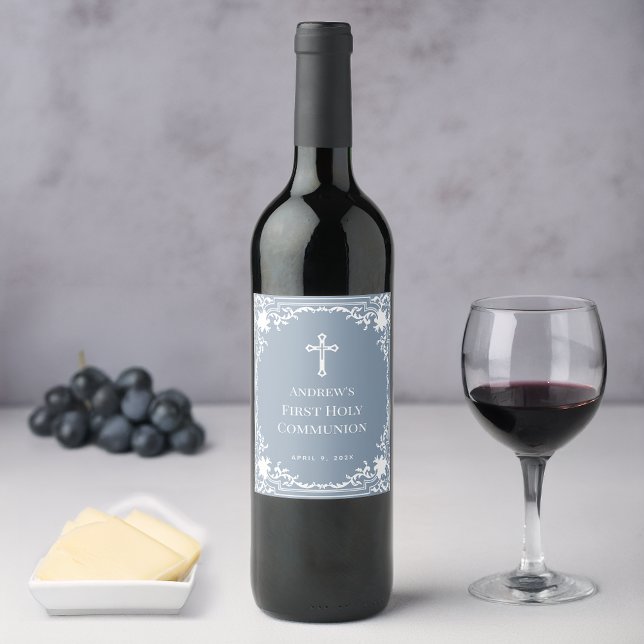 Étiquette Pour Bouteilles De Vin Première communion garçon cadre blanc bleu poussié (Créateur téléchargé)