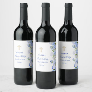 Étiquette Pour Bouteilles De Vin Première communion Hydrangea bleue