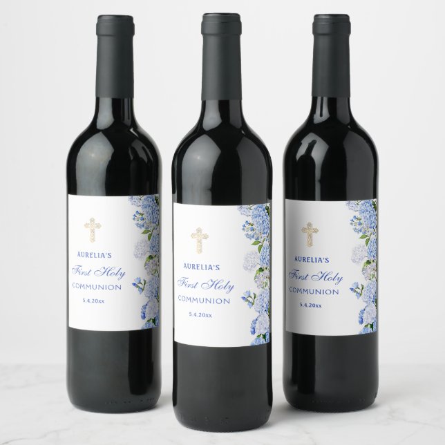 Étiquette Pour Bouteilles De Vin Première communion Hydrangea bleue (Bouteilles)