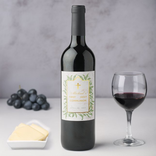 Étiquette Pour Bouteilles De Vin Première Communion Verdure Fausse Croix Dorée Bota (Créateur téléchargé)
