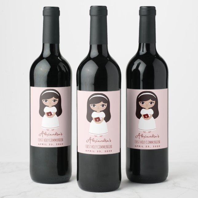 Étiquette Pour Bouteilles De Vin Première Sainte Communion Brunette Girl mignonne r (Bouteilles)