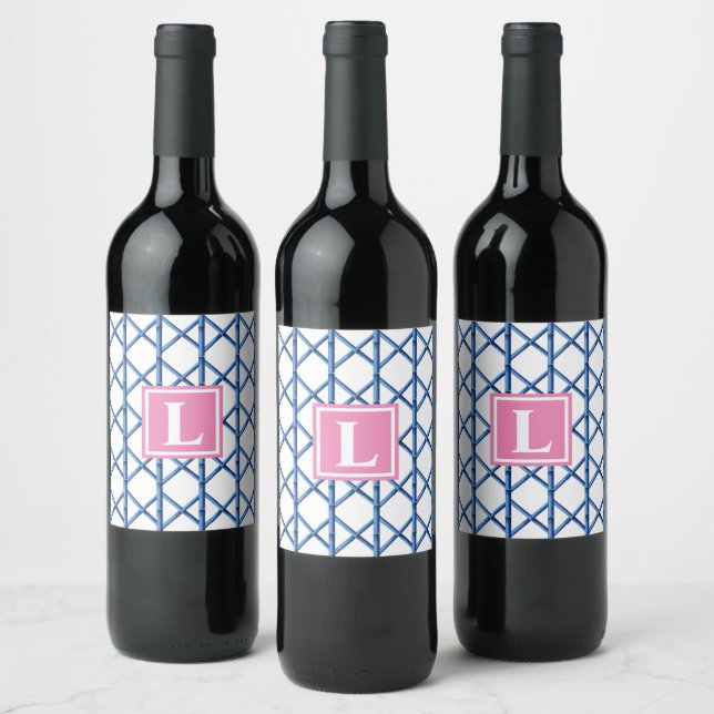 Étiquette Pour Bouteilles De Vin Preppy Blue Trellis Bamboo Motif Monogramme (Bouteilles)