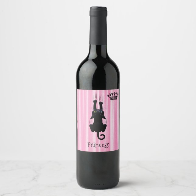 Étiquette Pour Bouteilles De Vin Princesse Chat Noir Drôle Personnalisée Rose (Devant)
