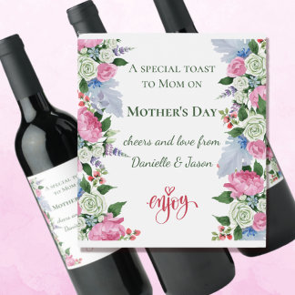 Étiquette Pour Bouteilles De Vin Profitez de la fête des mères Roses blanches Étiqu