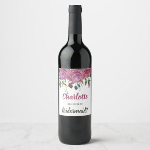 Étiquette Pour Bouteilles De Vin Proposition Bridesmaid aquarelle rose étiquette de