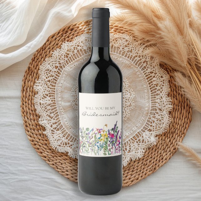 Étiquette Pour Bouteilles De Vin Proposition d'aide à la crème Fleur sauvage d'aqua (Watercolor wildflowers "Will you be my bridesmaid" bridal party proposal wine bottle labels)