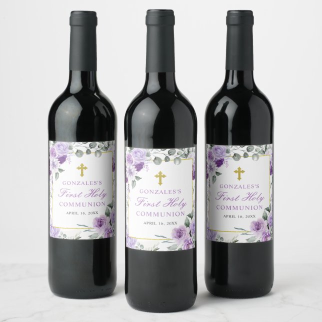 Étiquette Pour Bouteilles De Vin Purple Floral Girl First Holy Communion (Bouteilles)