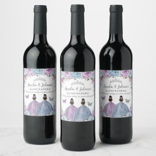 Étiquette Pour Bouteilles De Vin Purple Lilac Baby Blue Floral Twins Quinceañera