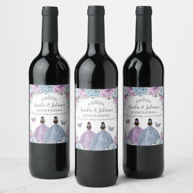 Étiquette Pour Bouteilles De Vin Purple Lilac Baby Blue Floral Twins Quinceañera (Bouteilles)