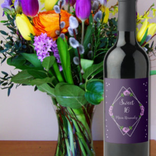 Étiquette Pour Bouteilles De Vin Purple Rose Silver Géométrique Sweet 16