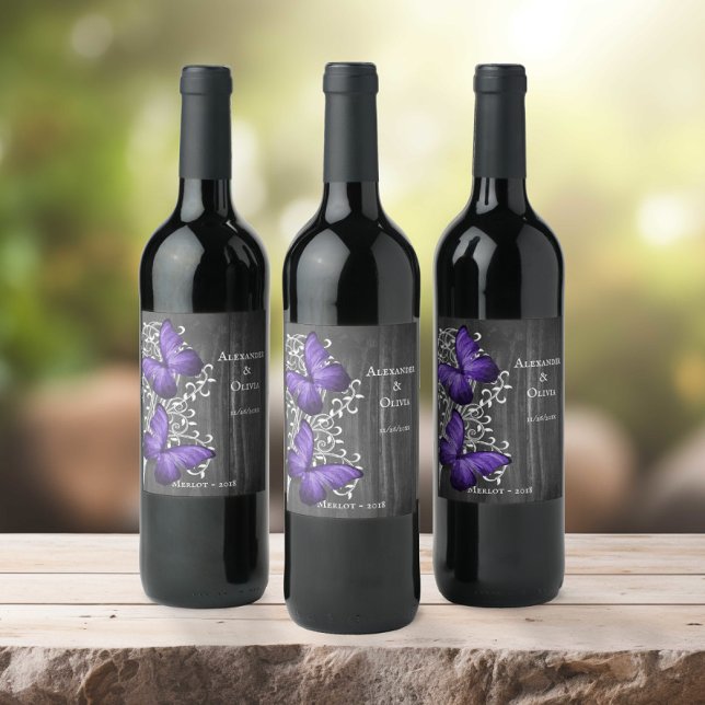 Étiquette Pour Bouteilles De Vin Purple Rustic Papillon Mariage Étiquette de vin (Purple Rustic Butterfly Wedding Wine Label)