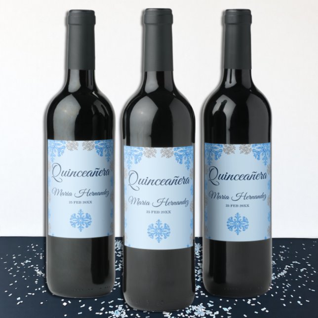 Étiquette Pour Bouteilles De Vin Quinceañera Ice Blue Silver Winter Snowflake (Créateur téléchargé)
