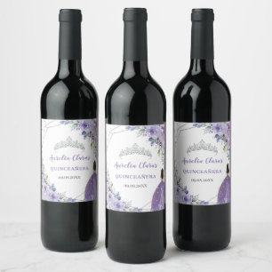 Étiquette Pour Bouteilles De Vin Quinceañera Violet Lilac Floral Princesse Argent