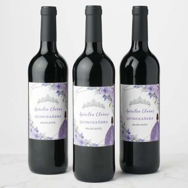 Étiquette Pour Bouteilles De Vin Quinceañera Violet Lilac Floral Princesse Argent (Bouteilles)