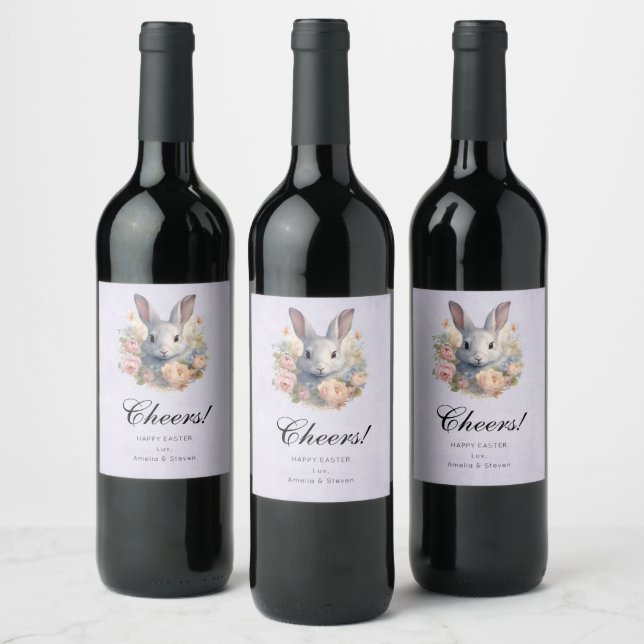 Étiquette Pour Bouteilles De Vin Rabbit Surrounded by Pastel Flowers Cute Cheers (Bouteilles)