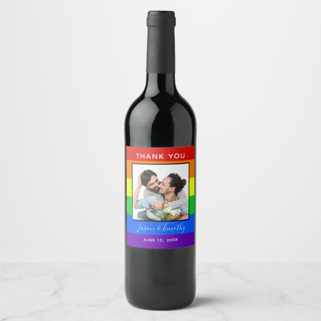 Étiquette Pour Bouteilles De Vin Rainbow Stried Photo LGBTQ Couple Mariage (Devant)