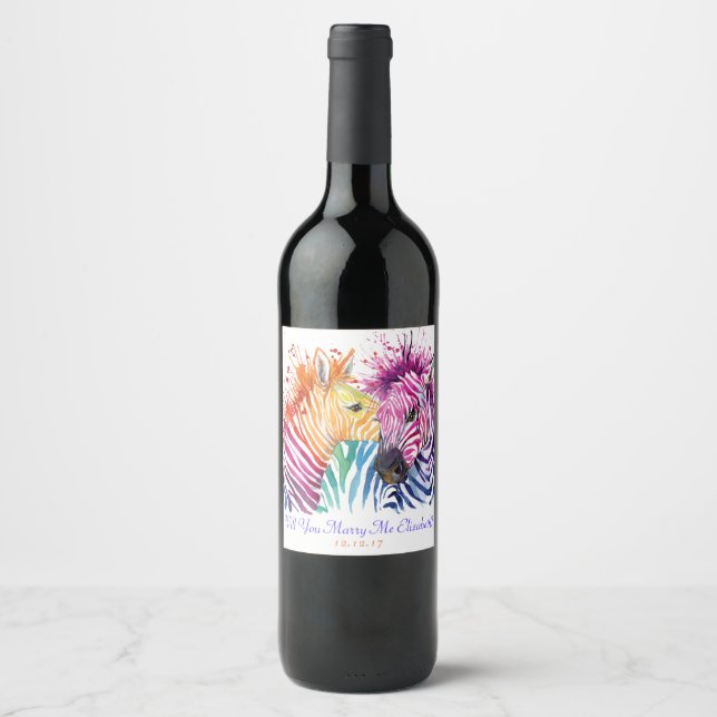 Étiquette Pour Bouteilles De Vin Rainbow Zebra Marry Me Vin Étiquette (Devant)