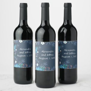 Étiquette Pour Bouteilles De Vin Raisins de vin Fleurs personnalisées Bleu blanc