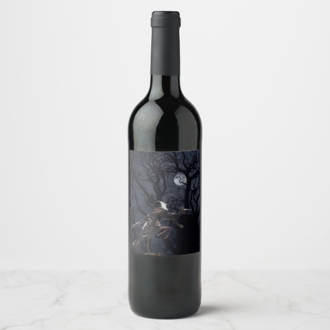 Étiquette Pour Bouteilles De Vin Raven and Rat Skeleton au clair de lune - Hallowee (Devant)