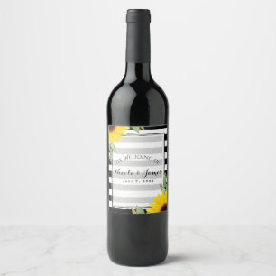 Étiquette Pour Bouteilles De Vin Rayures noires et blanches Tournesols Floral Chic