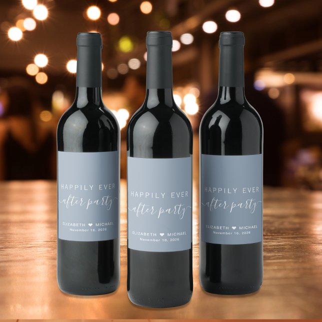 Étiquette Pour Bouteilles De Vin Réception de mariage Dusty Blue Happily Ever After (Créateur téléchargé)