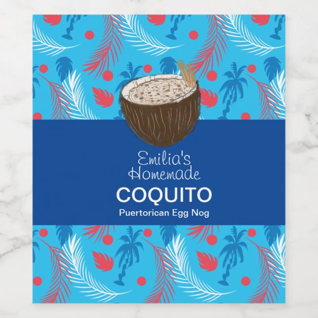 Étiquette Pour Bouteilles De Vin Recette Coquito Boire Palmiers Oeuf Nog Bleu (Étiquettes simples)