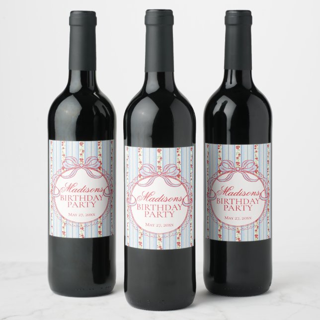 Étiquette Pour Bouteilles De Vin Red and Blue Vintage Fancy Floral Birthday Party (Bouteilles)