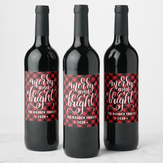 Étiquette Pour Bouteilles De Vin Red Buffalo Plaid Joyeux Et Lumineux Noël (Bouteilles)