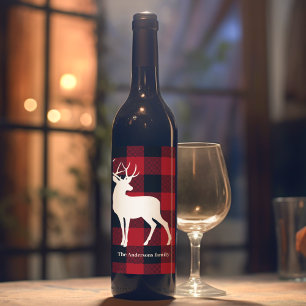 Étiquette Pour Bouteilles De Vin Red Buffalo Plaid & White Deer Nom personnel