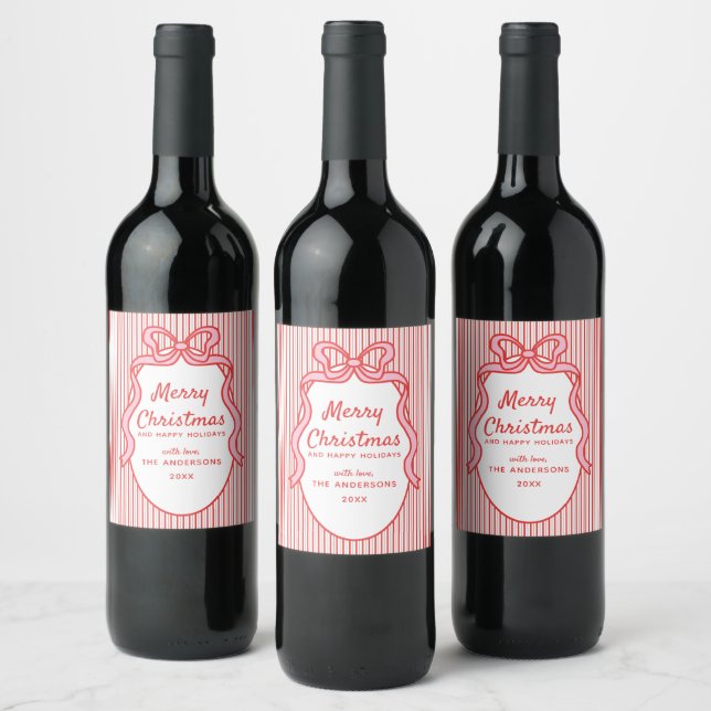 Étiquette Pour Bouteilles De Vin Red Pink Stripes & Bow Frame Christmas  (Bouteilles)