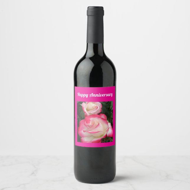 Étiquette Pour Bouteilles De Vin Red Rose Flower Floral Happy Anniversary (Devant)
