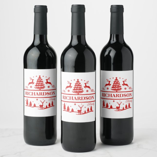 Étiquette Pour Bouteilles De Vin Red White Christmas Nom de famille personnalisé (Bouteilles)