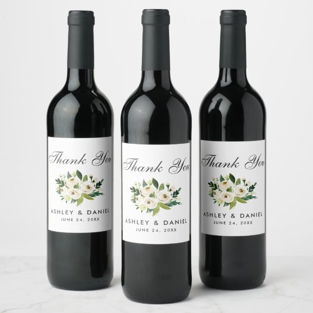Étiquette Pour Bouteilles De Vin Remerciement de mariage floral aquarelle vert blan (Bouteilles)