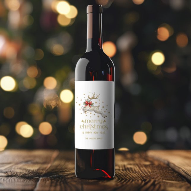 Étiquette Pour Bouteilles De Vin Renne de Noël or et blanc (Créateur téléchargé)