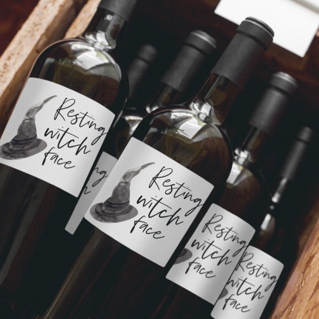 Étiquette Pour Bouteilles De Vin Repose du visage de la sorcière | Bonne Halloween  (Créateur téléchargé)