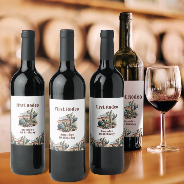 Étiquette Pour Bouteilles De Vin Retro 1er Rodéo Cactus Occidentaux Anniversaire (Créateur téléchargé)