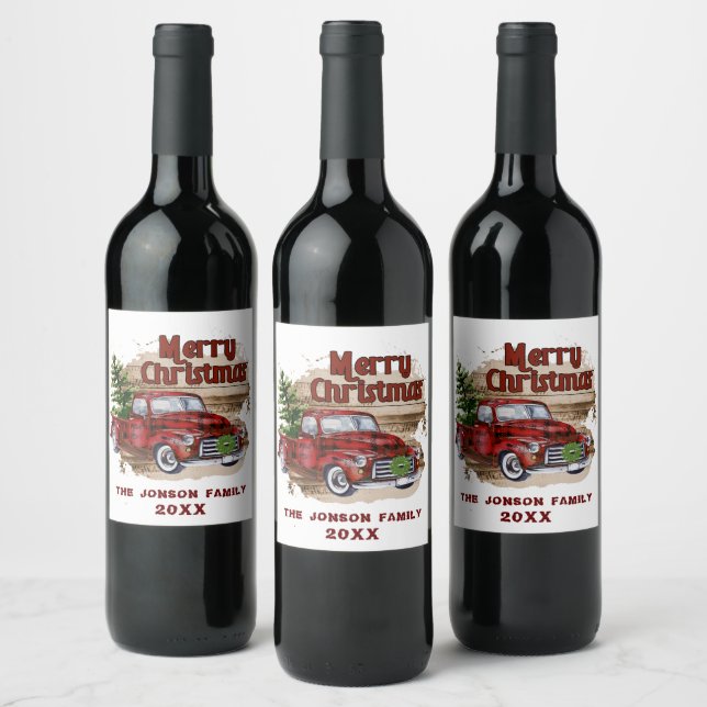 Étiquette Pour Bouteilles De Vin Retro Classic Rustic Joyeux Camion Rouge Noël (Bouteilles)