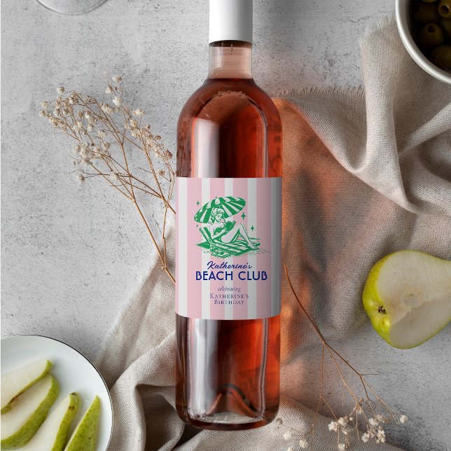 Étiquette Pour Bouteilles De Vin Retro Girl Beach Club Pink Stripes Birthday Party (Créateur téléchargé)