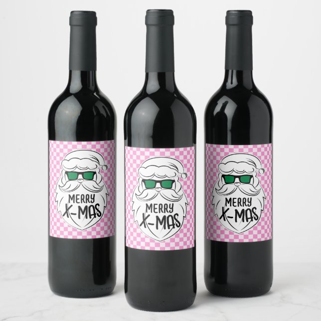 Étiquette Pour Bouteilles De Vin Retro Groovy Pink Checkered Santa Claus Christmas  (Bouteilles)